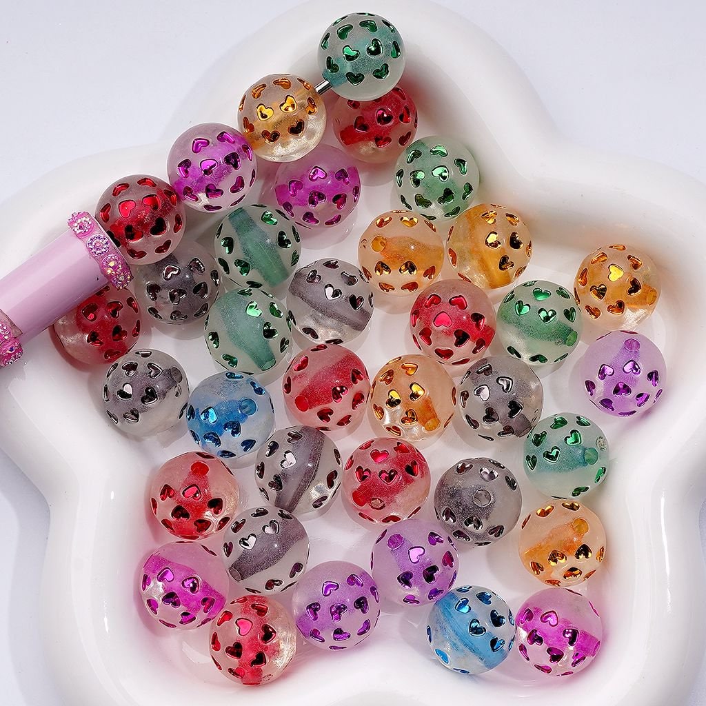 Multi-Color Shiny Hearts Coated Clear Round Acrylic Beads, 16MM