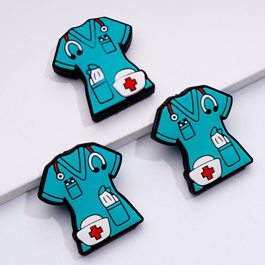 Teal Color Nurse Uniform with Nurse Hat Stethoscope Silicone Focal Beads