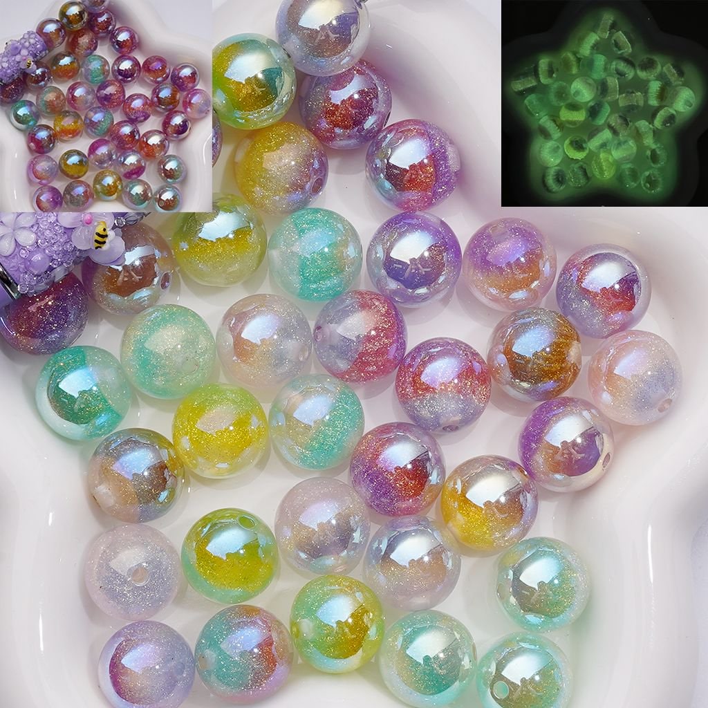 Luminous & Color Changing Gold Shiny Glitter Inside Round Acrylic Beads, 16MM, Random Mix