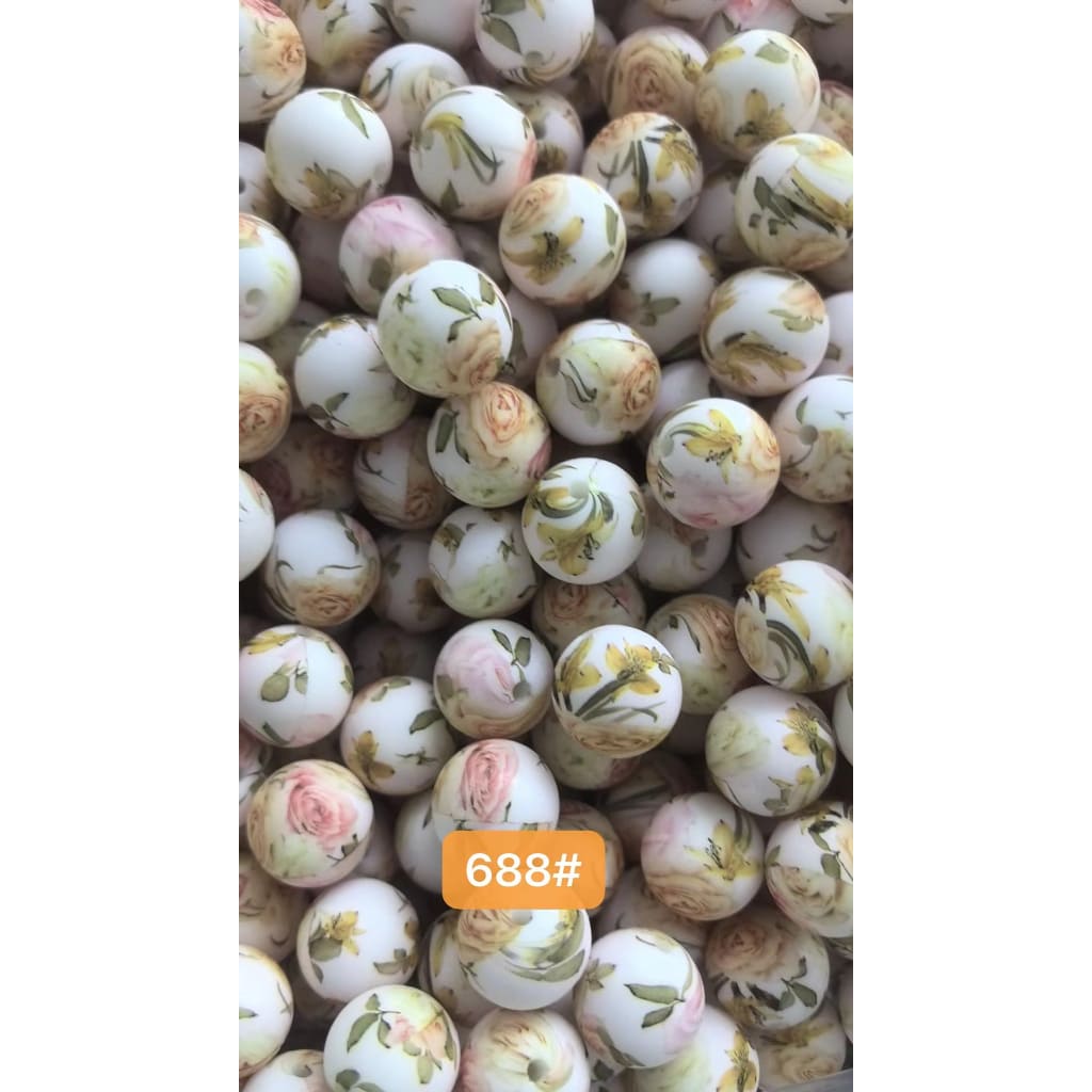 Elegant Rose Flower Plant Round Printed Silicone Beads, 15mm, Number 688