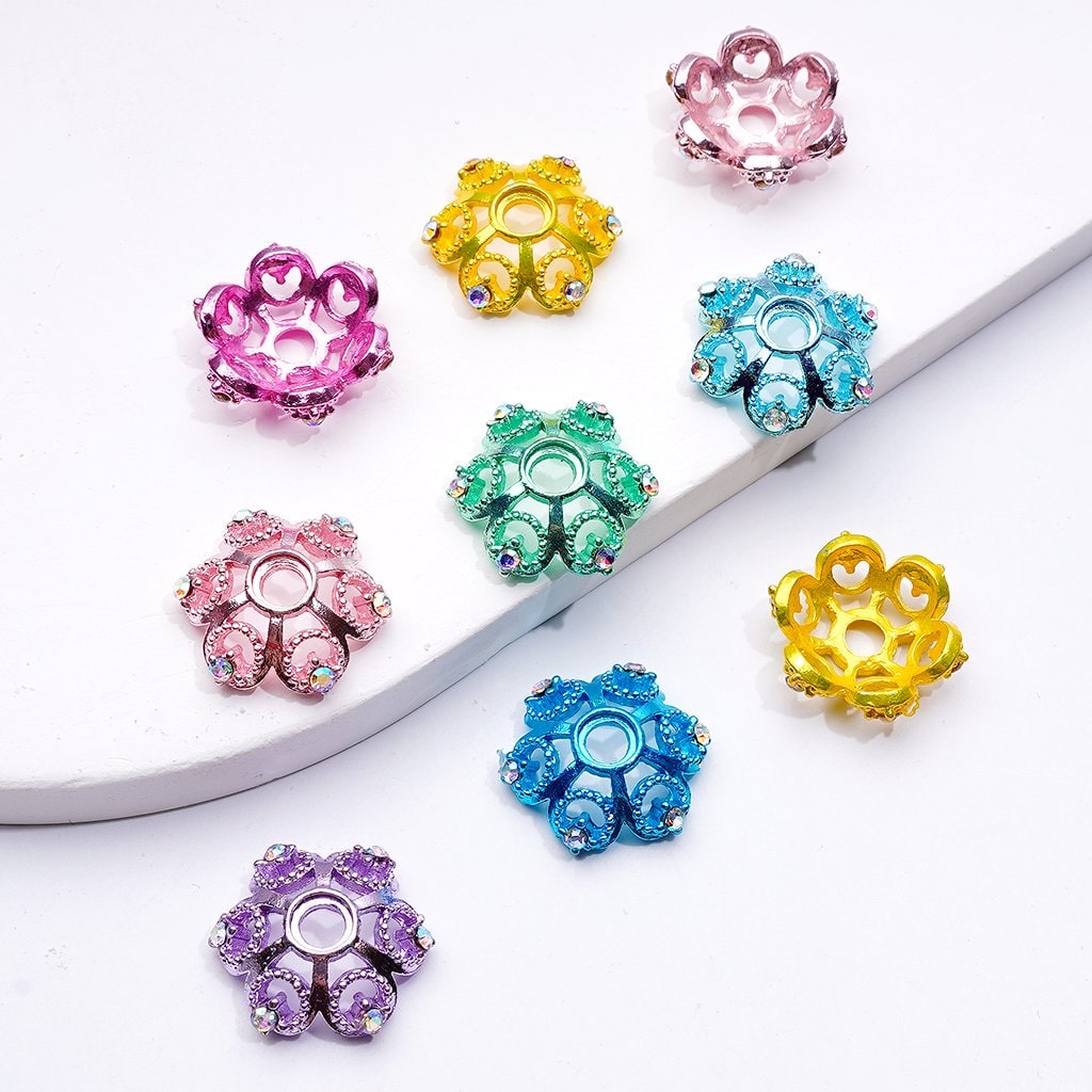 Exquisite Multi-Color Lotus Flower Metal Bead Caps Cages with AB Rhinestones, Around 19MM