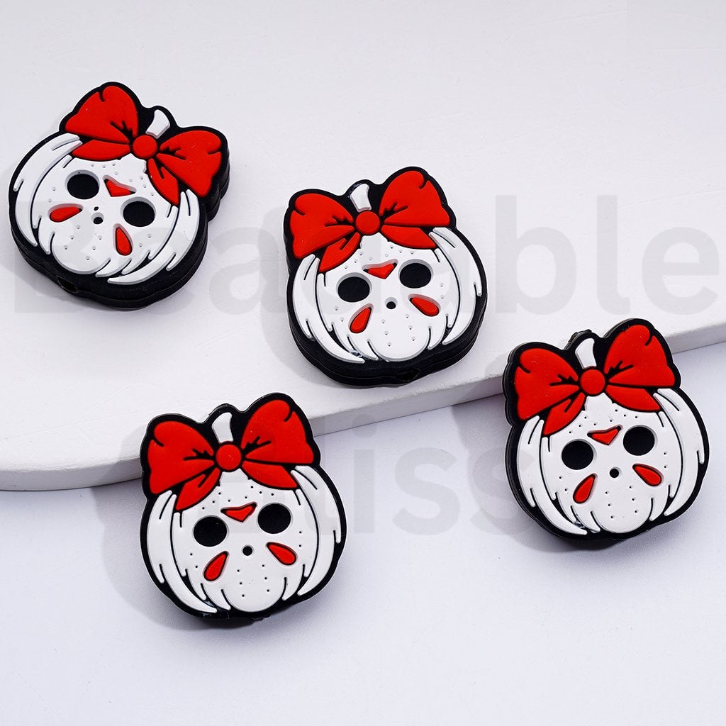 White Pumpkin with Horror Jaso Face Red Bowknot Halloween Silicone Focal Beads