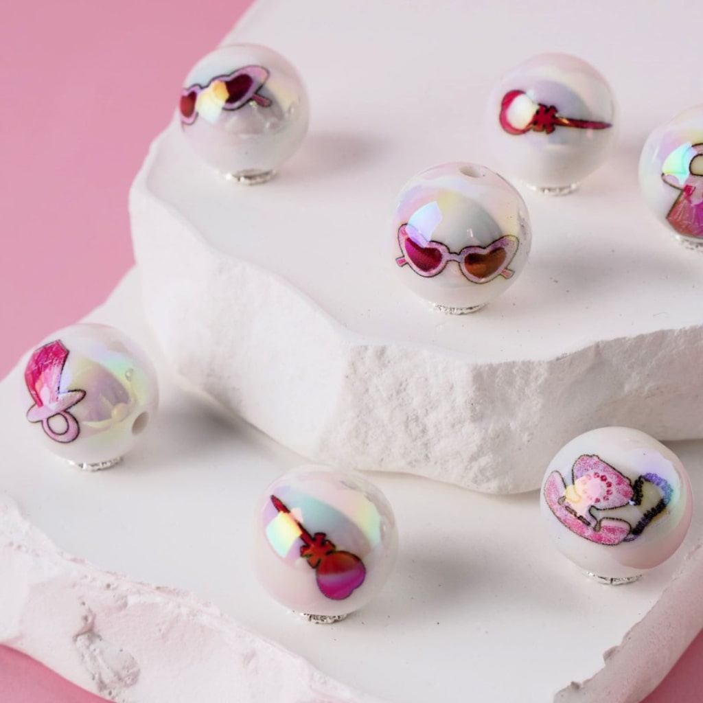 UV Finish Fashion Pink Glasses Diamond Ring Hairpin Telephone White Round Acrylic Beads, 16MM, Random Mix