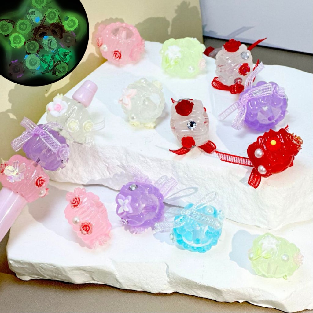 Luminous Colorful Mini Flowers White Pearls Clear Rhinestones Round Acrylic Beads, Around 18MM