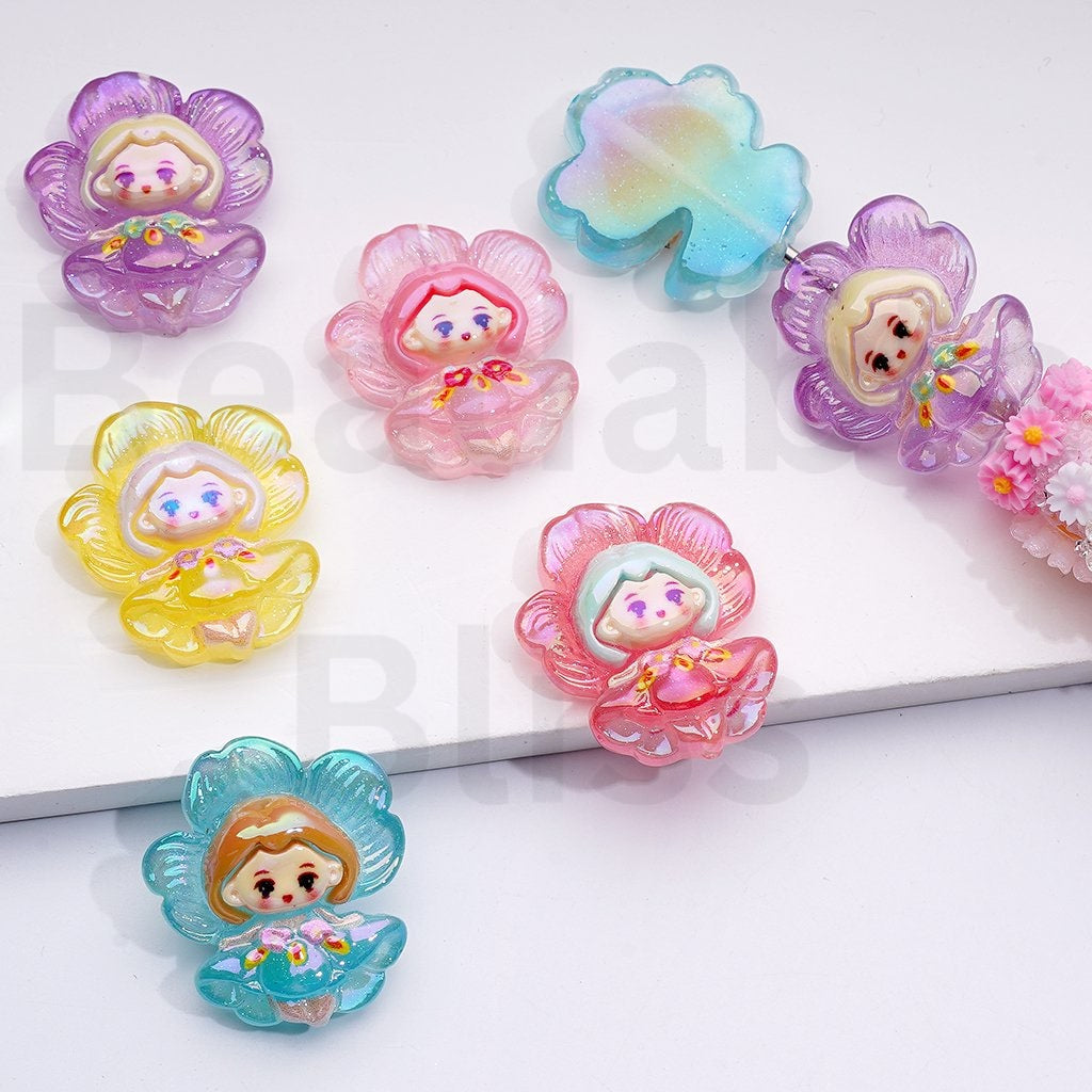 UV Coating Cute Girl with Large Flower Acrylic Beads, Around 24*28MM, Random Mix
