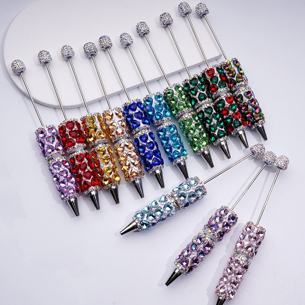 Beadable Clay Pen with Colorful Shiny Hearts White Pearls AB Rhinestones Chain