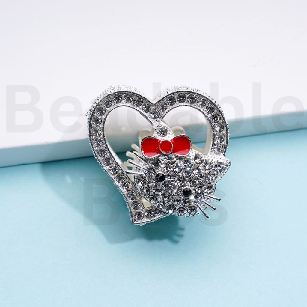Vivid Cute Silver Alloy Heart HK Kitten with Clear Rhinestones Beads, Around 27*28MM