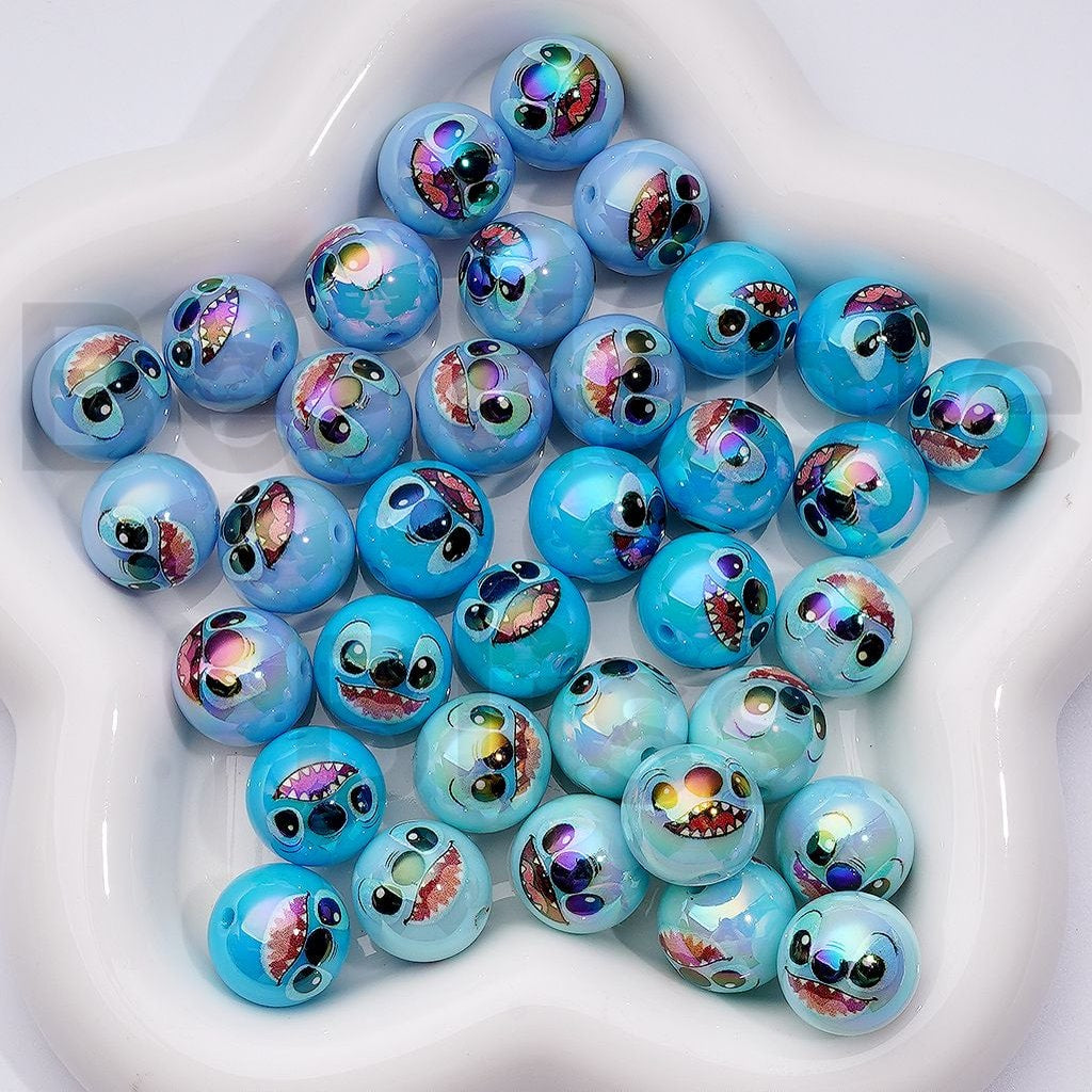 UV Coating Cute Stitc Series Blue Round Acrylic Beads, 16MM, Random Mix