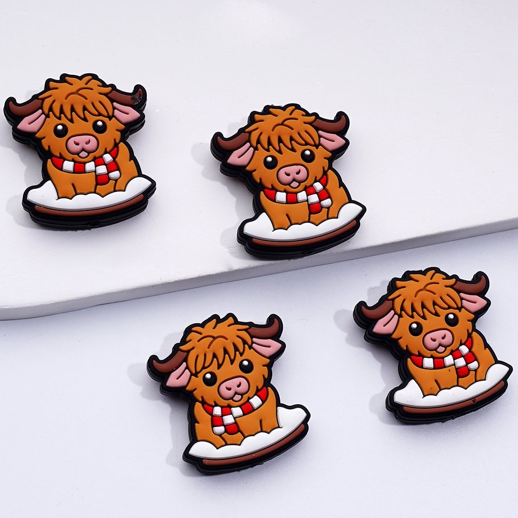 Little Cute Cow with Red White Scarf Silicone Focal Beads