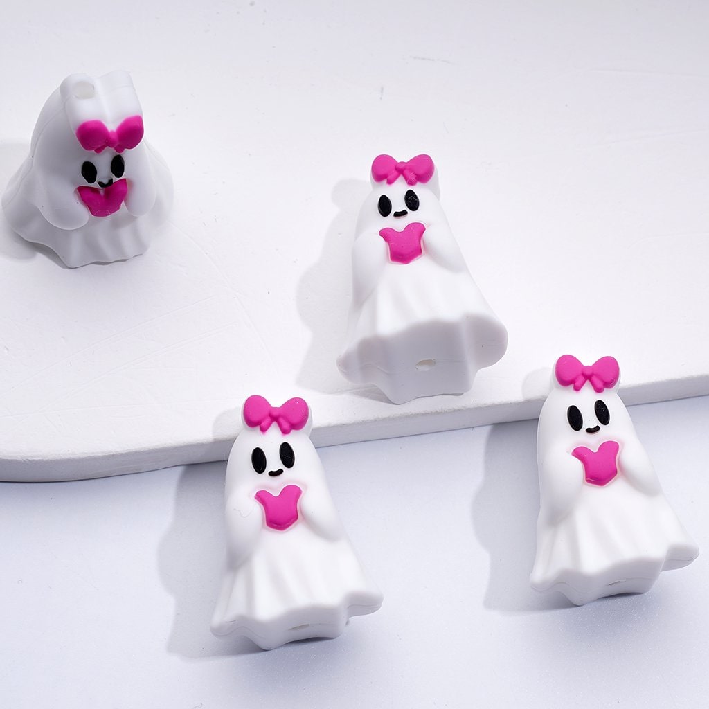 3D Little Cute White Ghost with Pink Heart Bowknot Pumpkin Halloween Silicone Focal Beads