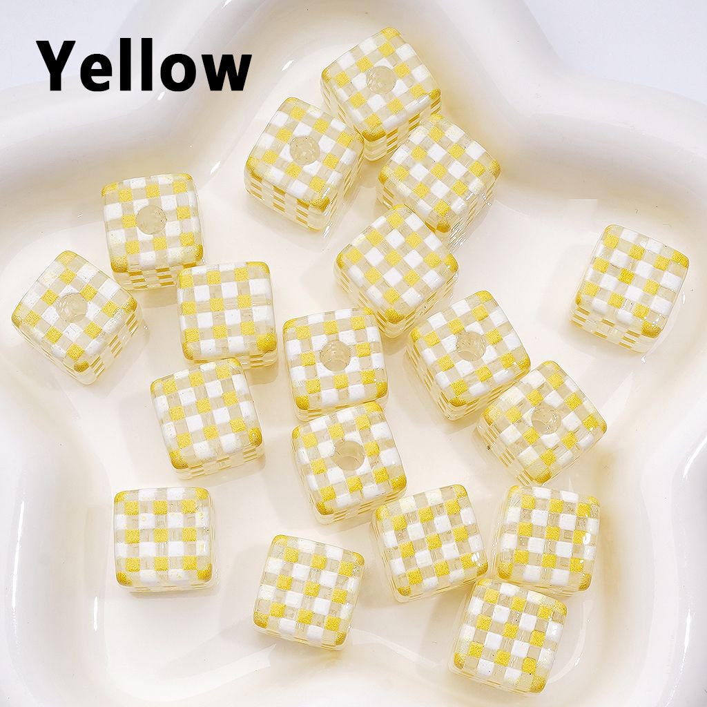 Macaron Color Checkered Clear Cube Square Acrylic Beads, Around 14MM