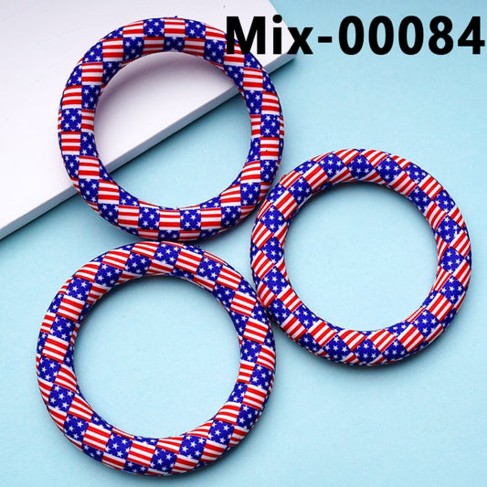 USA America National Flag Prints Silicone Ring Frame Bead Circle Round Soft Car Hanger Charm Loop 65mm