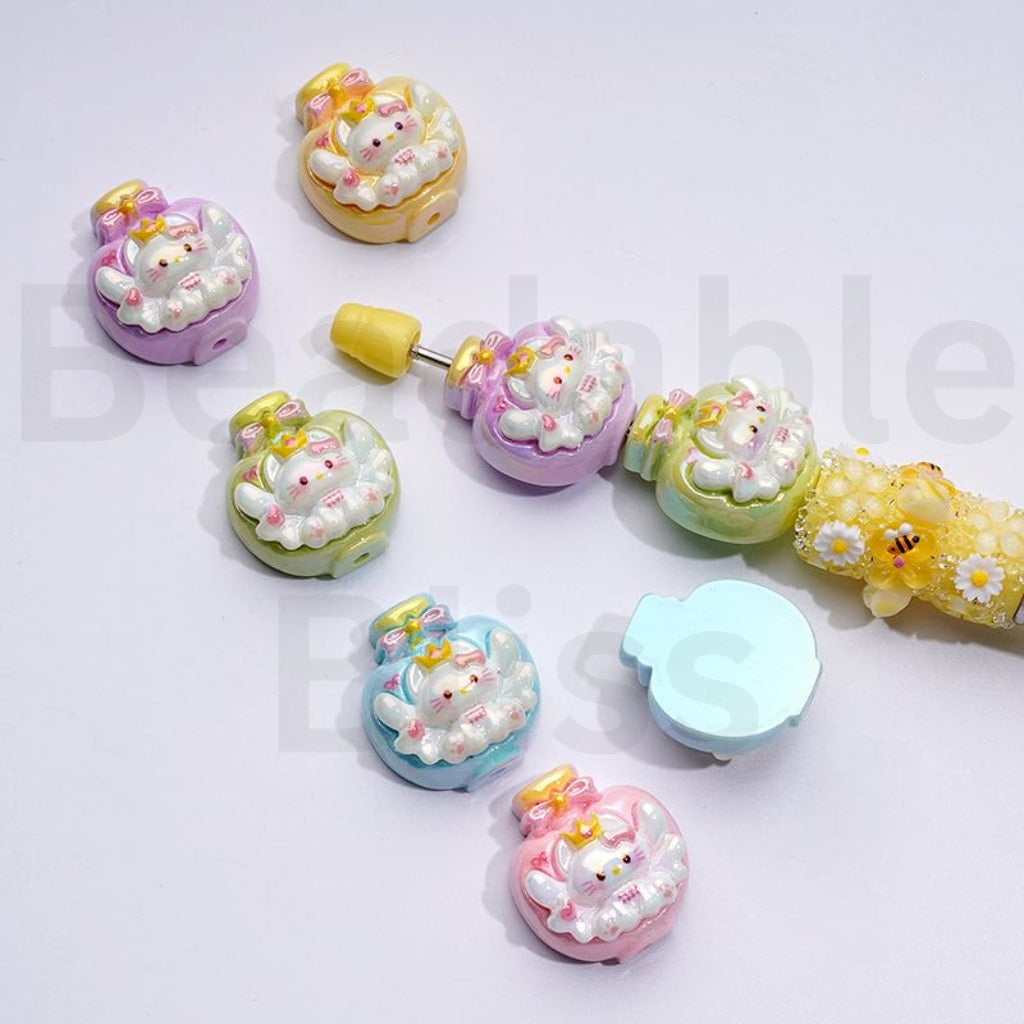 UV Coating Cute Vivid Sanri HK Kitten with Angel's Wings Cute Pots with Bowtie Acrylic Beads, Around 24*22MM, Random Mix