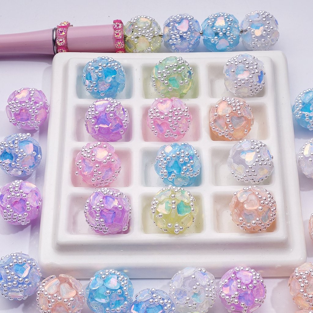 Macaron Color Series Shiny Hearts Rhinestones White Pearls Round Acrylic Beads, 16MM, Random Mix (The Heart is Glass Material)