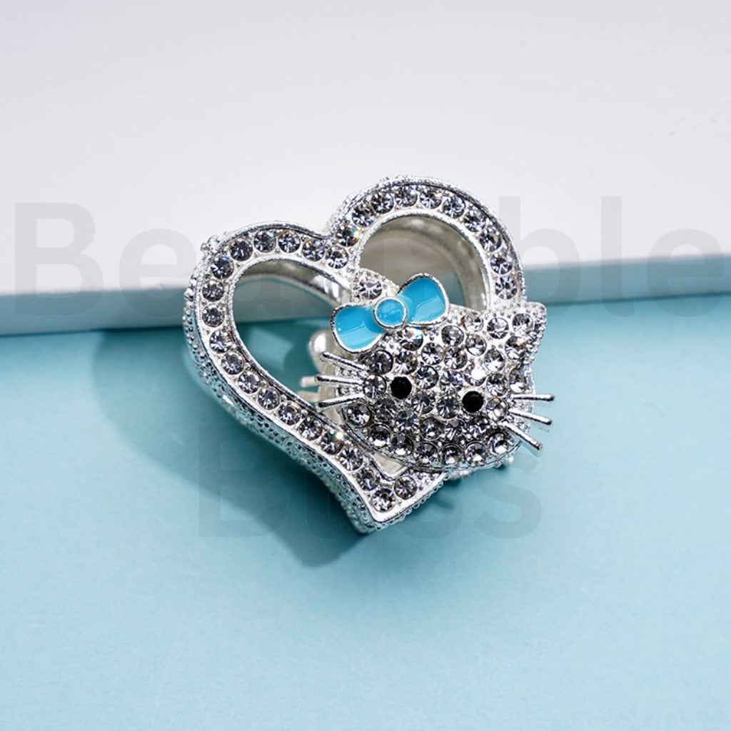 Vivid Cute Silver Alloy Heart HK Kitten with Clear Rhinestones Beads, Around 27*28MM