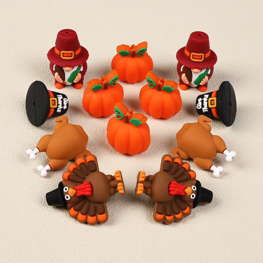 3D Thanksgiving Series Turkey Gnome Hat Pumpkin Silicone Focal Beads, Random Mix