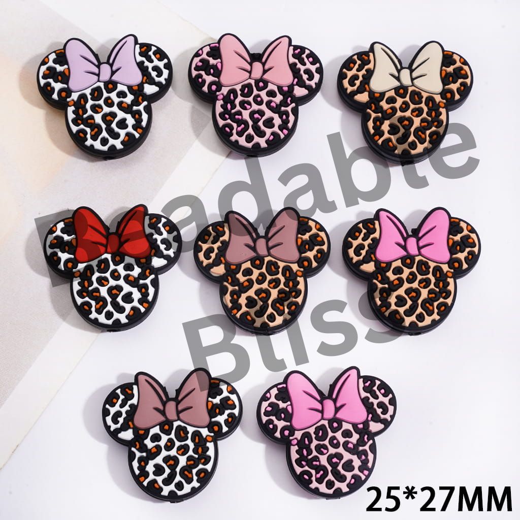 Silicone Focal Beads Leopard Print Girl and Boy Mouse with Bow, Random Mix