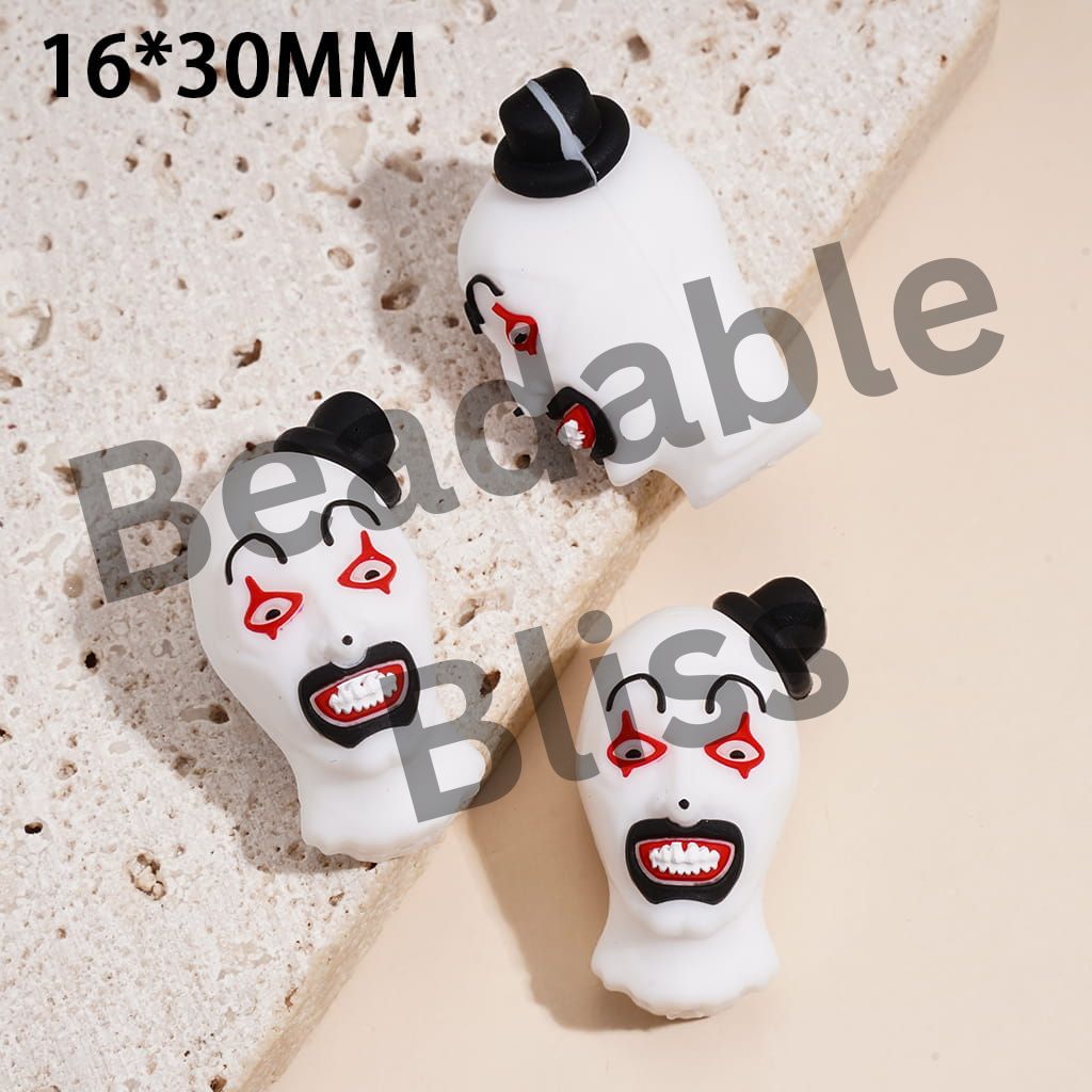 Silicone Focal Beads with 3D Art Clown Character Wearing Black Top Hat