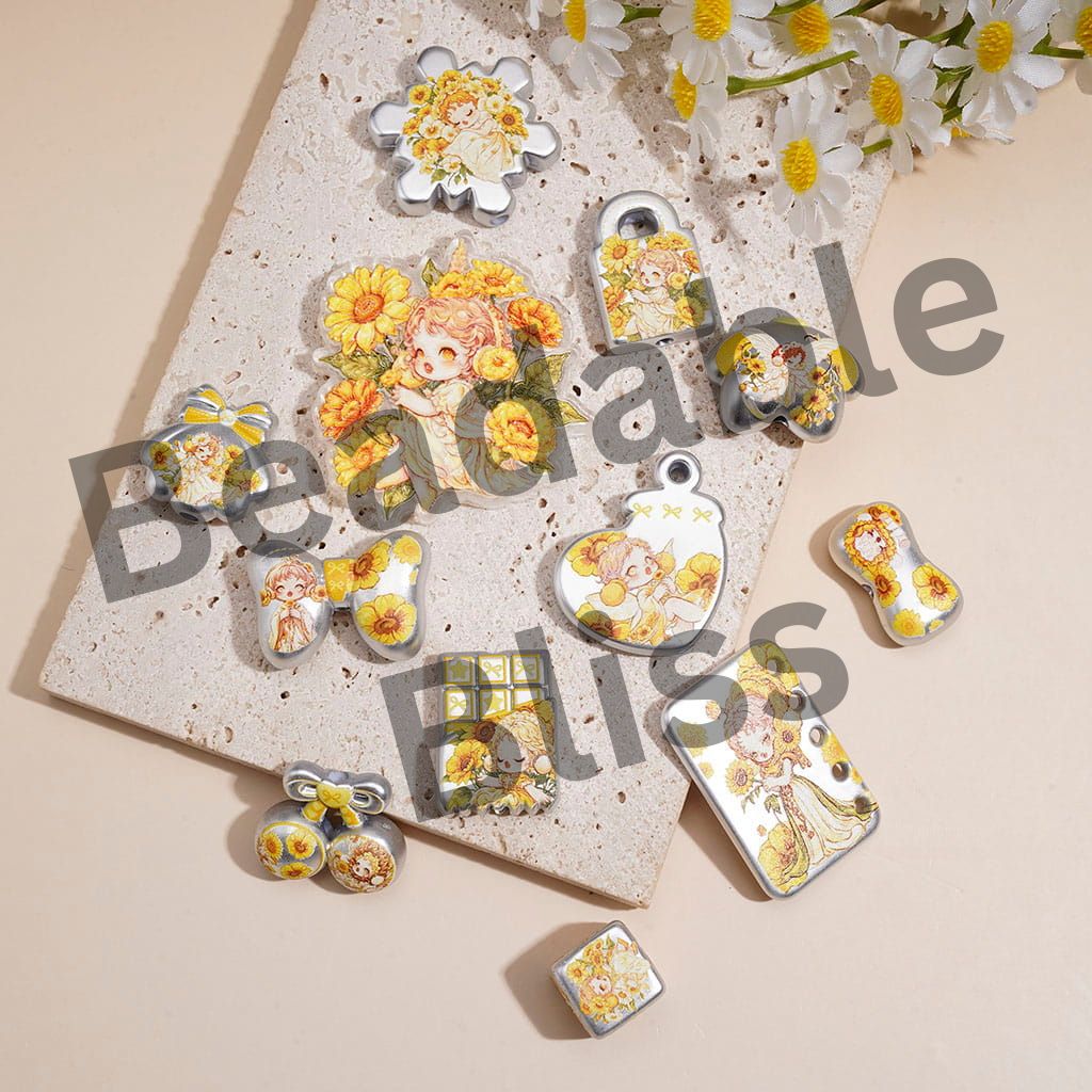 Acrylic Beads Charm Pendant w Little Girl & Yellow Sunflower Print, Silver Background, Random Mix