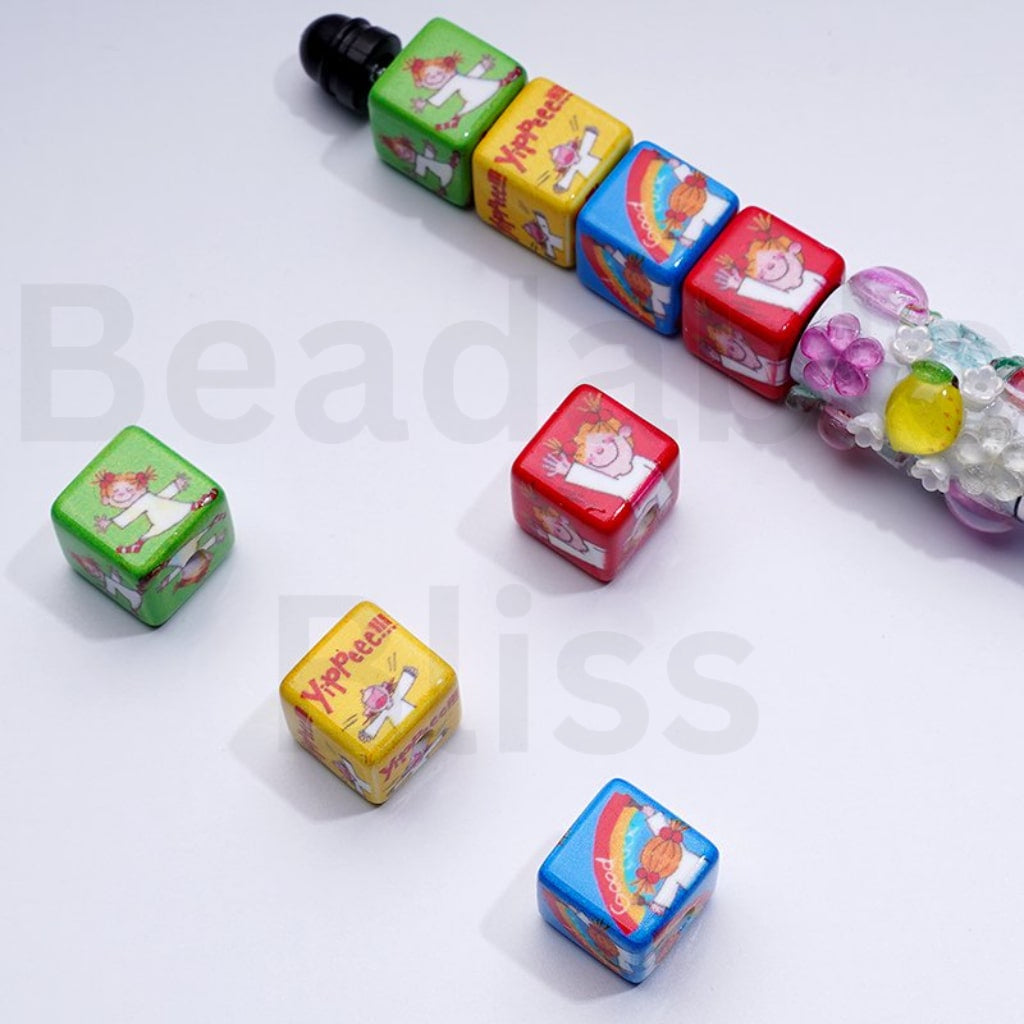 Cute Girl Yippee Colorful Square Cube Acrylic Beads, 14MM, Random Mix