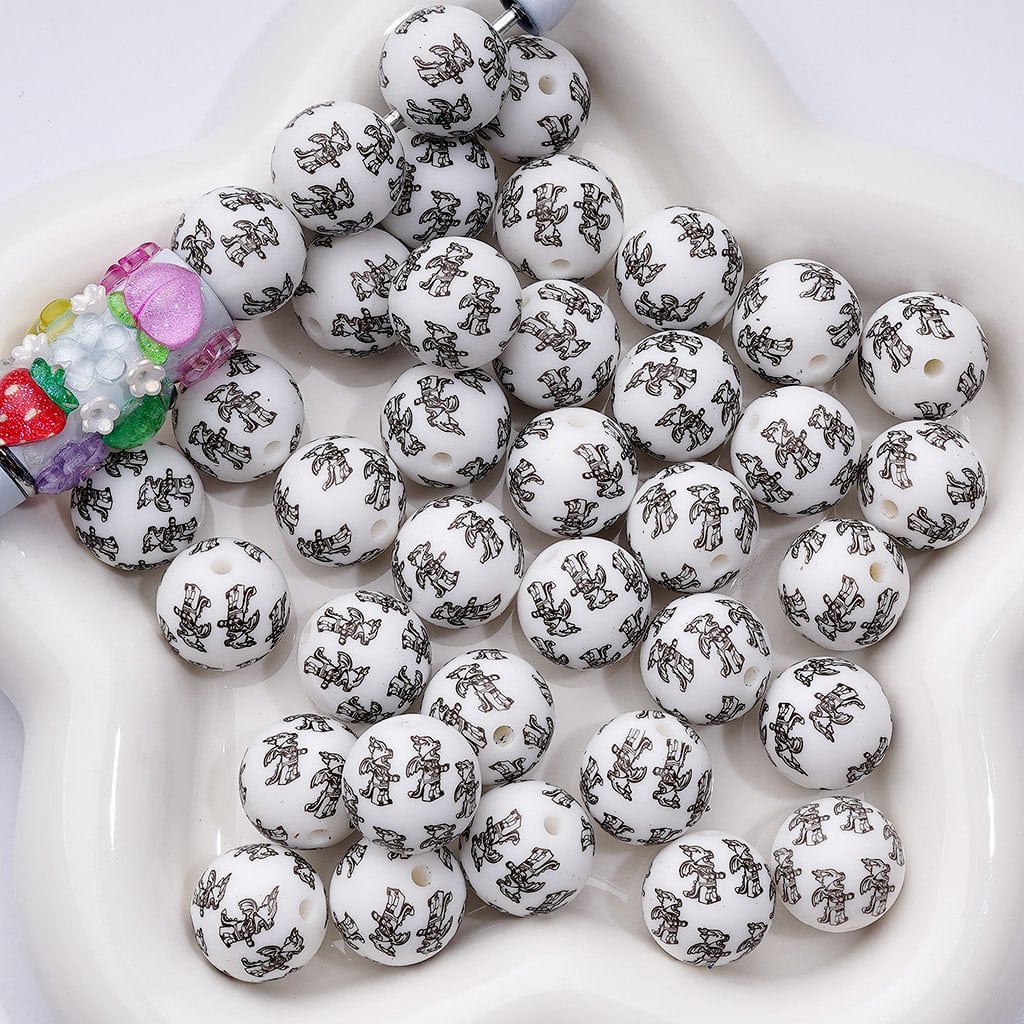 Cute Black Dinosaur Printed Silicone Beads 15MM, Number Z-00242