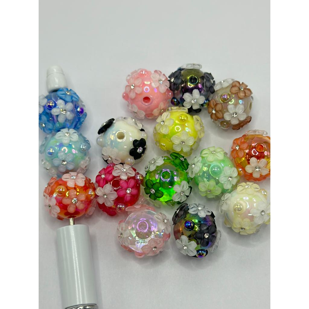 Glossy Solid Color & See Thru Clear Acrylic Beads with Small Flowers, Rhinestones & Flat Back Pearls, 16mm, FCH, Random Mix