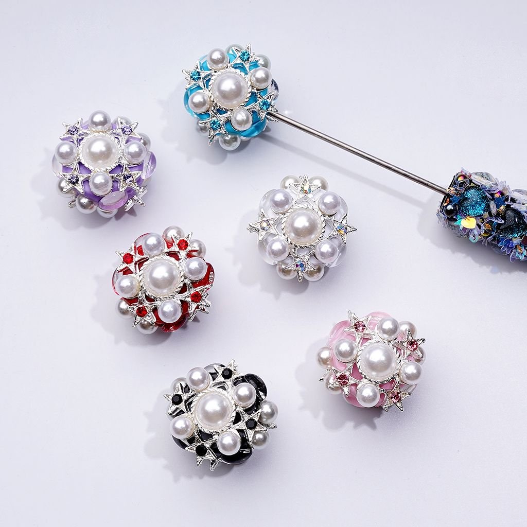 Delicate Fancy Silver Alloy Stars with Shiny Rhinestones White Pearls Clay Beads, Around 29MM