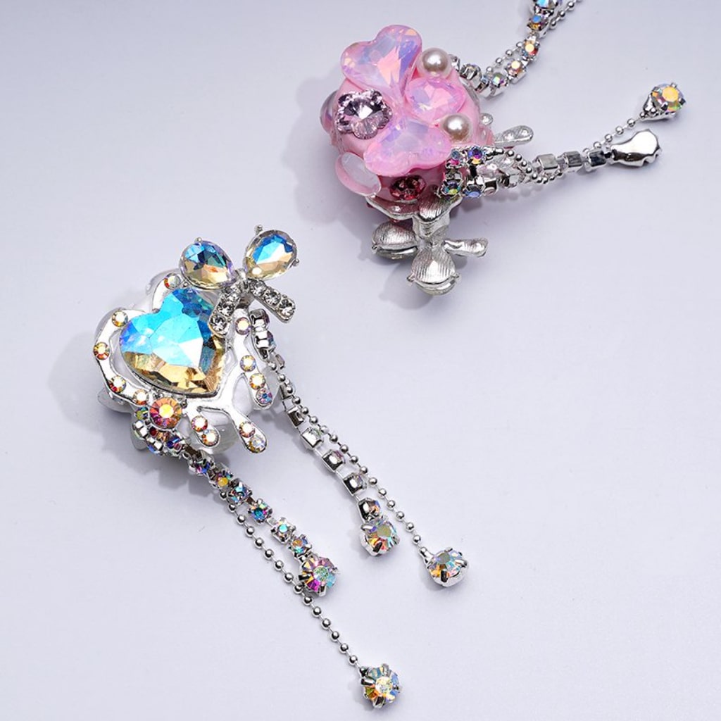 Exquisite Fancy Silver Alloy Hearts Bows with Shiny Rhinestones Chains Tassels White Pearls Cute Hearts Butterflies Stars Clay Beads, Around 30*60MM