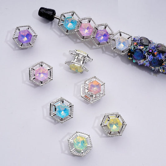 繊細なファンシーシルバー合金六角形フレームビーズ、マルチカラーの光沢のあるラインストーン付き、約15MM