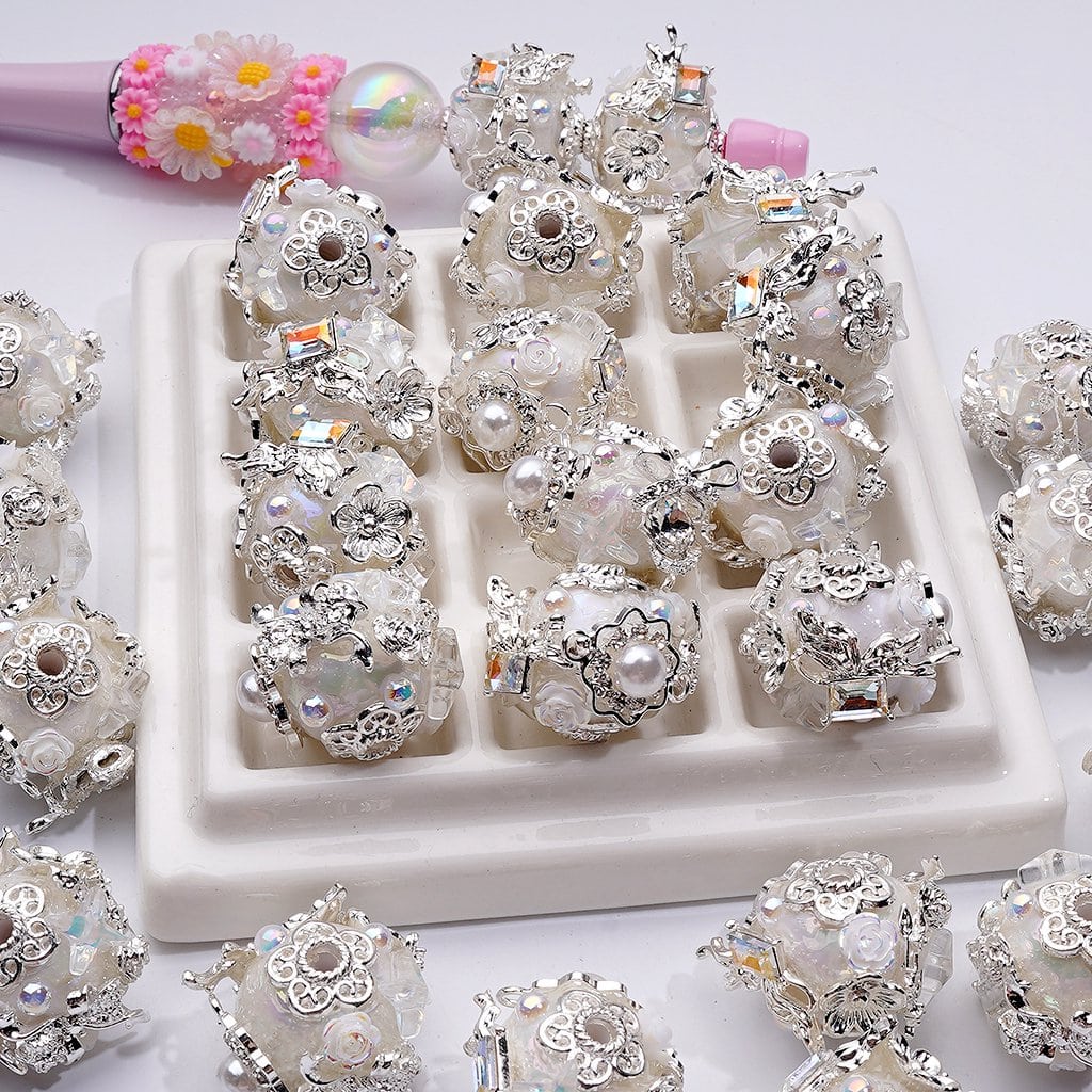 Exquisite Fancy Silver Alloy Flowers Leaves White Pearls Shiny Stars Rhinestones Round Acrylic Beads, 20MM