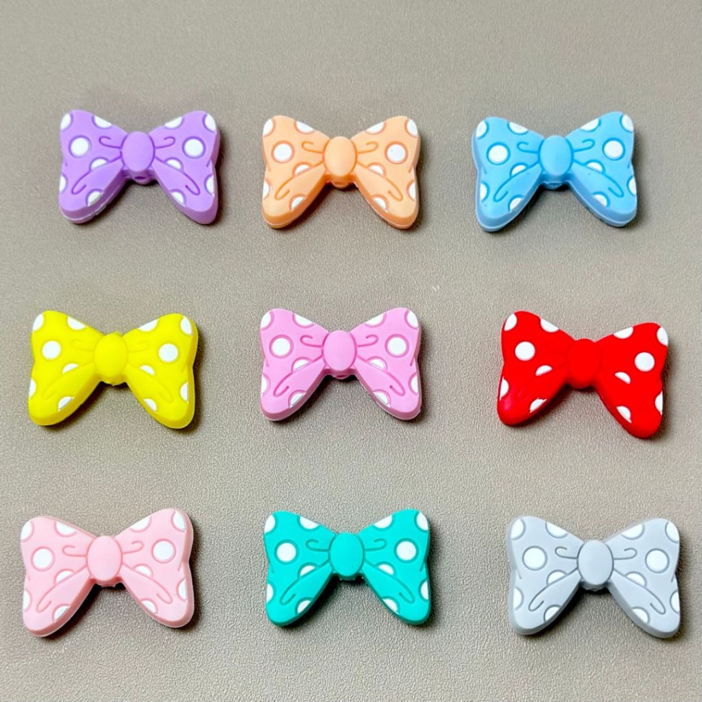 Multi-Color Bowties Bowknots with White Spots Silicone Focal Beads, Random Mix