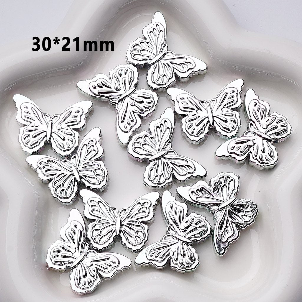 Laser Galaxy Iridescent Holographic Metallic Silver Color Butterfly Acrylic Beads, Around 30*21MM