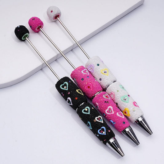 Beadable Clay Pens with Cute Heart Frames Colorful Shiny Rhinestones Mini Snow Balls Covered the Entire Pen