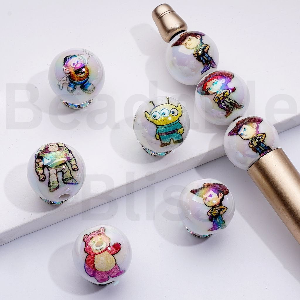 UV Coating Cute Toy Stor Cartoon Series White Round Acrylic Beads, 16MM, Random Mix
