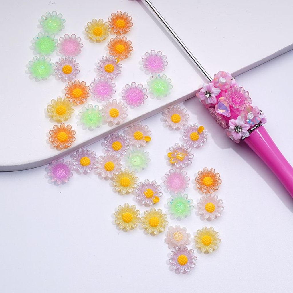 DIY Mini Cute Colorful Glitter Flowers Bellis Perennis Daisy for Beads Jewelry Accessories, Random Mix