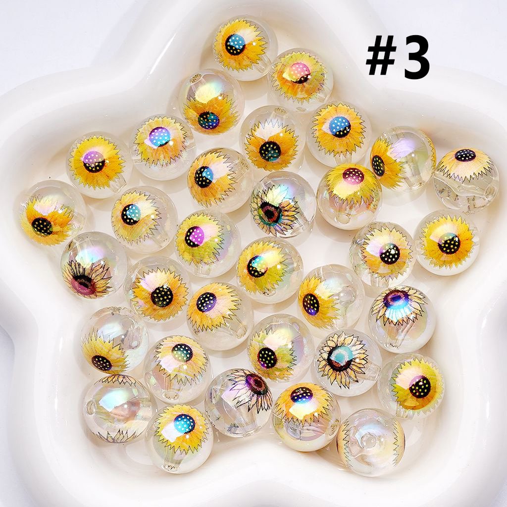 UV Coating Sun Flowers Clear White Round Acrylic Beads, 16MM