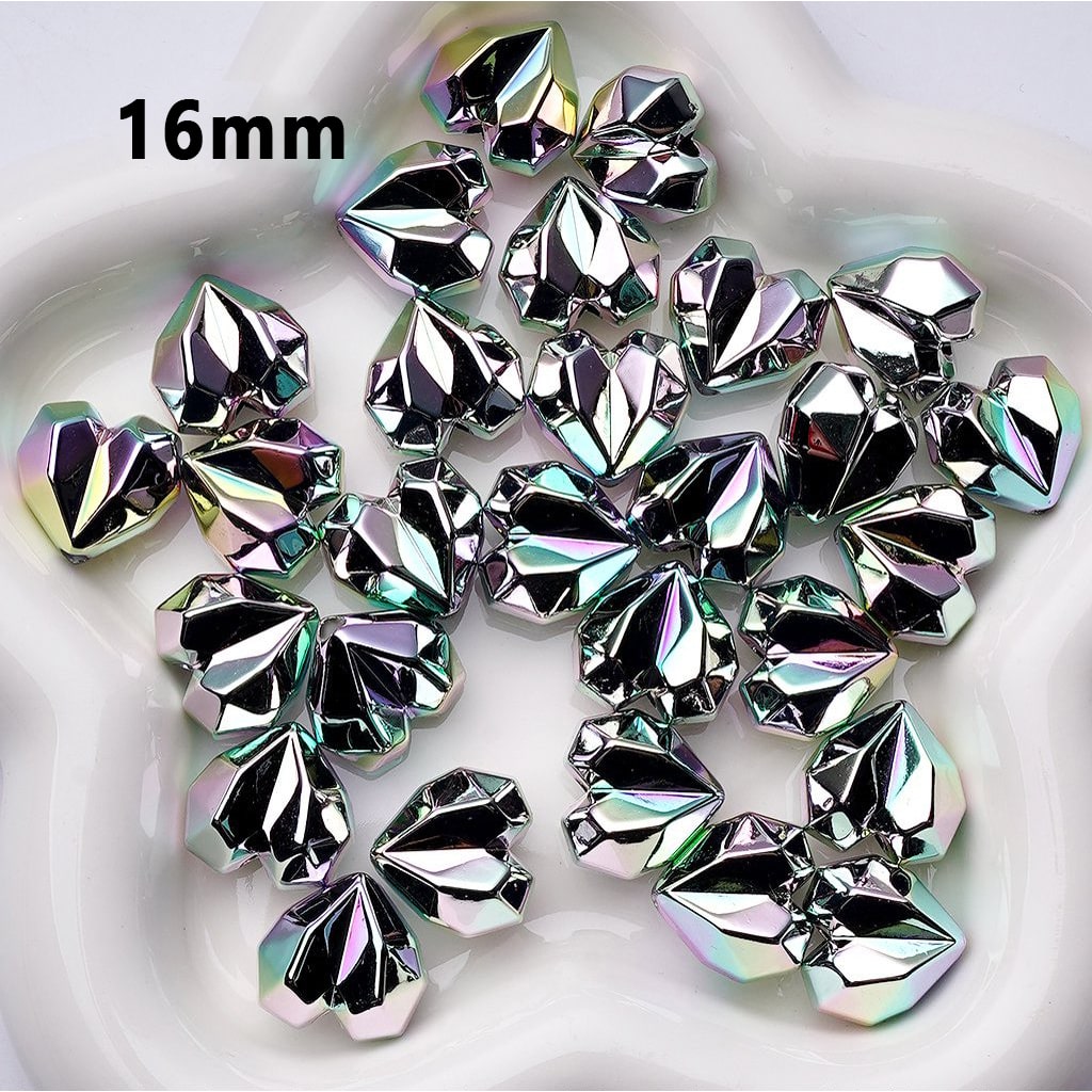 Laser Galaxy Iridescent Holographic Metallic Silver Color Geometric Polyhedral Heart Acrylic Beads, Around 16MM