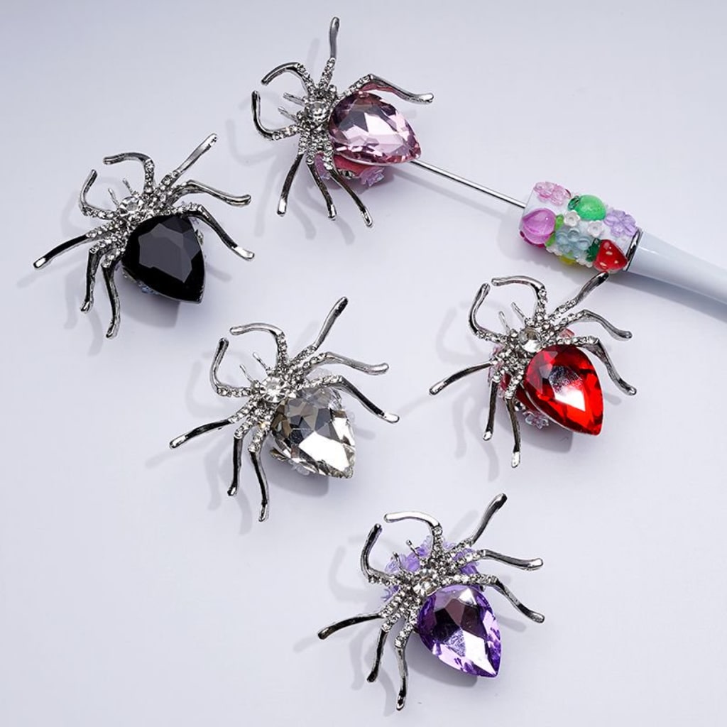 Exquisite Fancy Silver Alloy Spider with Large Colorful Rhinestone Inside Mini Clear Rhinestones Shiny Flowers Hearts White Pearls Clay Beads, Around 57*47MM