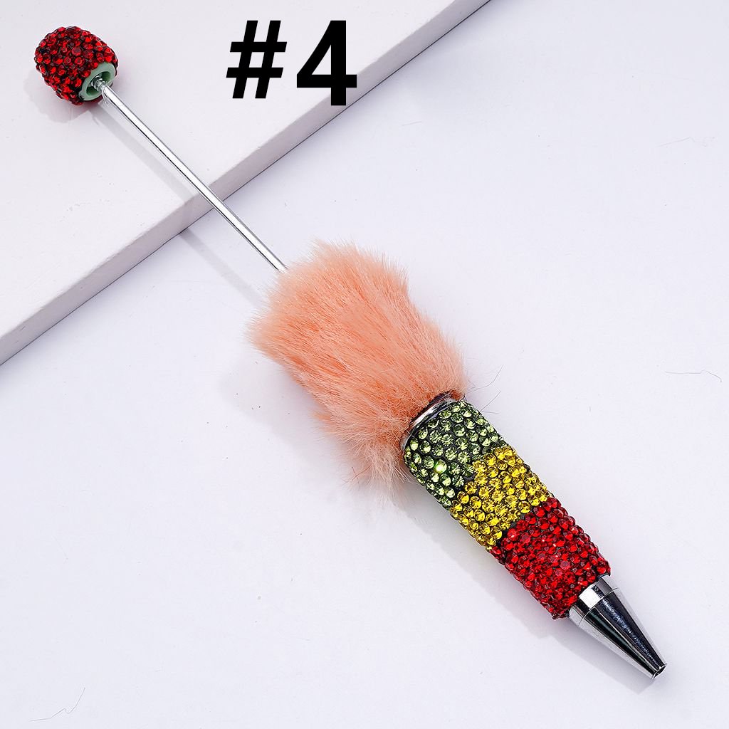 Beadable Clay Pom Pom Pens with Green Yellow Red Shiny Rhinestones Covered the Entire Pen