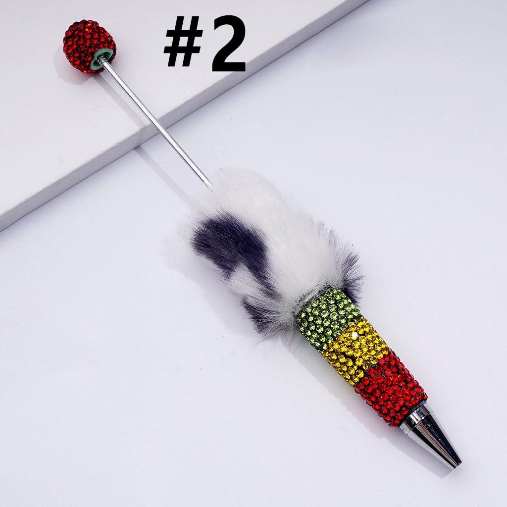 Beadable Clay Pom Pom Pens with Green Yellow Red Shiny Rhinestones Covered the Entire Pen