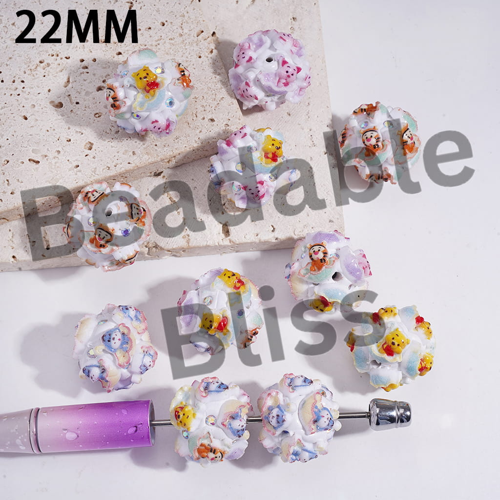 Clay Beads with Classic Animation Animal Character Sitting on Umbrella and AB Rhinestones, 22MM, Random Mix