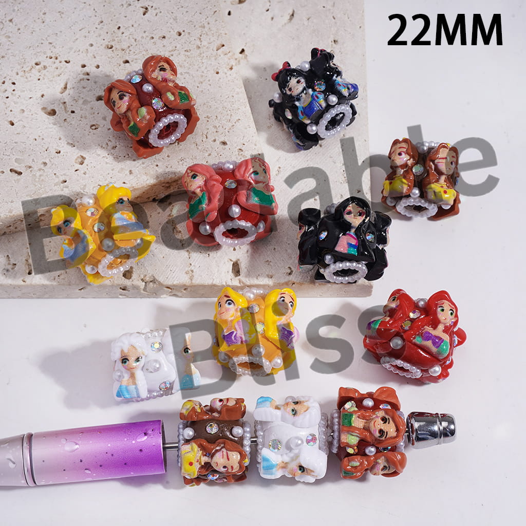 Clay Beads with Beautiful Princess Character Series, AB Rhinestones and White Pearl Chains, 22MM, Random Mix