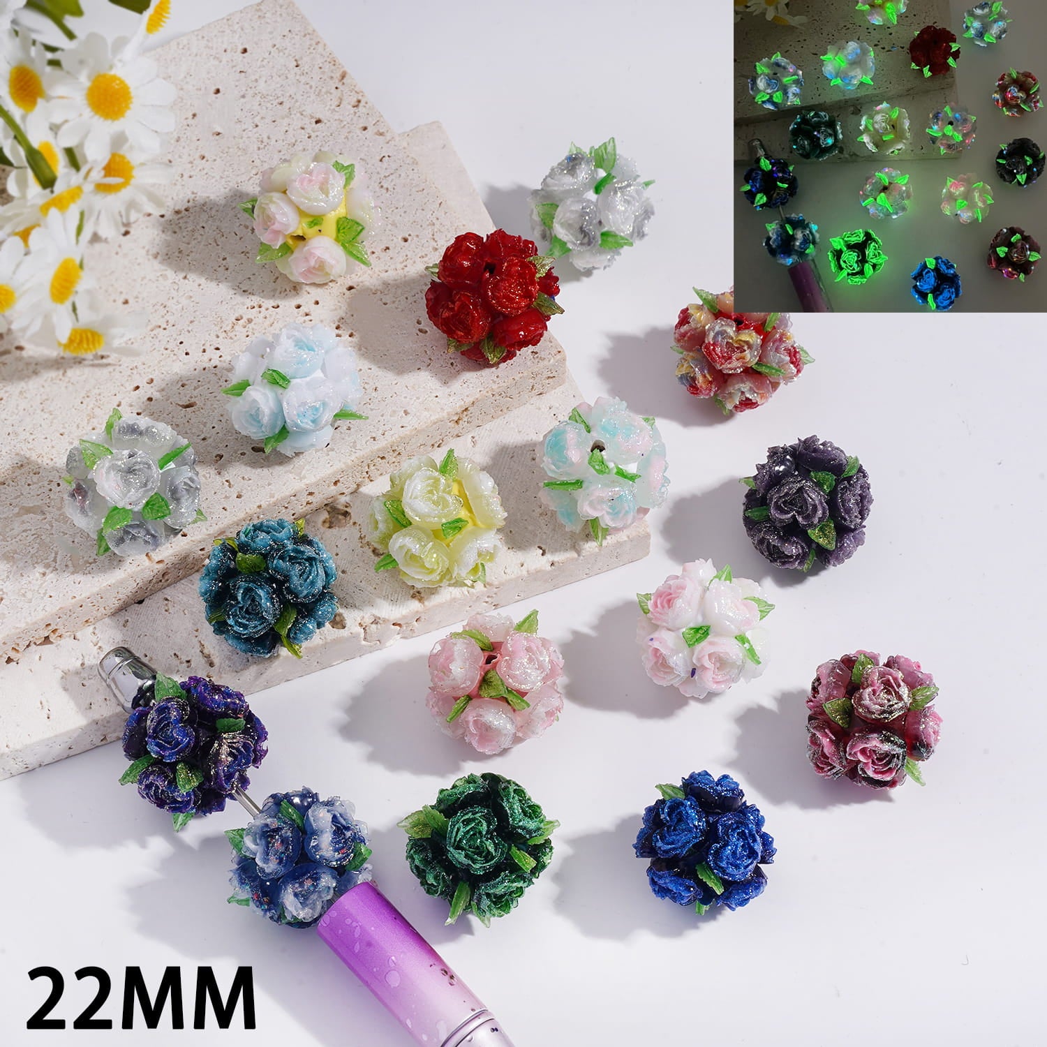 Perline Fatte A Mano In Argilla – 10 Pezzi A Forma Di Rosa Fogliata, 15 Mm, Colore Bianco, Per Creazione Di Gioielli E Bigiotteria
