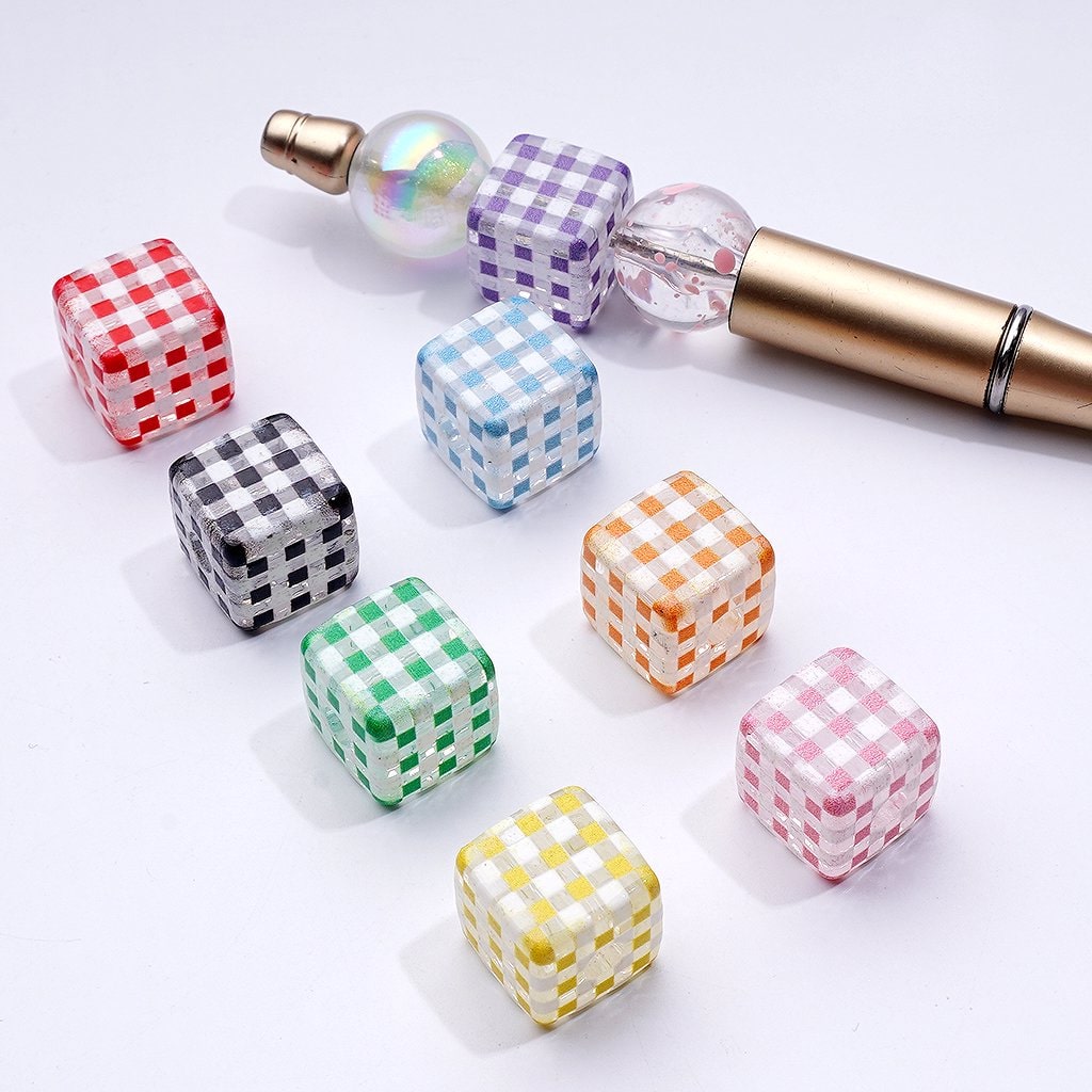 Macaron Color Checkered Clear Cube Square Acrylic Beads, Around 14MM