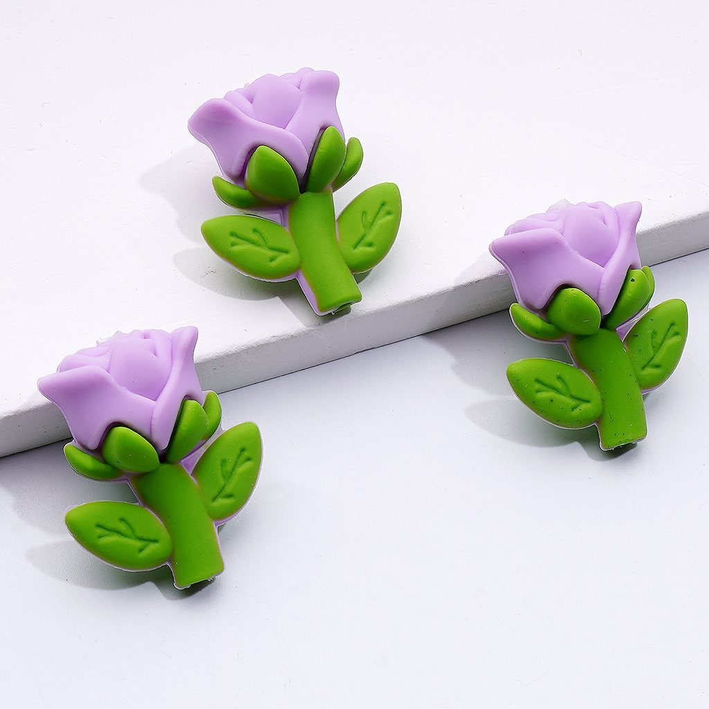 3D Cute Red Purple Pink Light Yellow Rose Flower Silicone Focal Beads