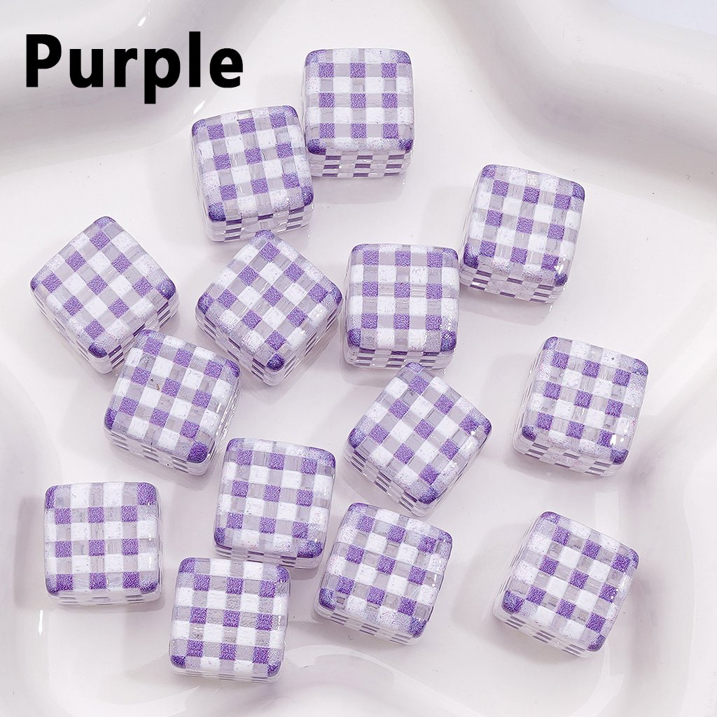Macaron Color Checkered Clear Cube Square Acrylic Beads, Around 14MM