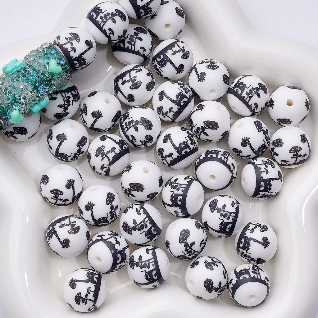 Cute Black Giraffe Tree White Printed Silicone Beads 15MM, Number Z-00240
