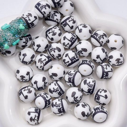 Cute Black Giraffe Tree White Printed Silicone Beads 15MM, Number Z-00240