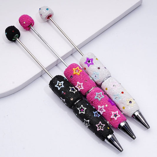 Beadable Clay Pens with Cute Star Frames Colorful Shiny Rhinestones Mini Snow Balls Covered the Entire Pen