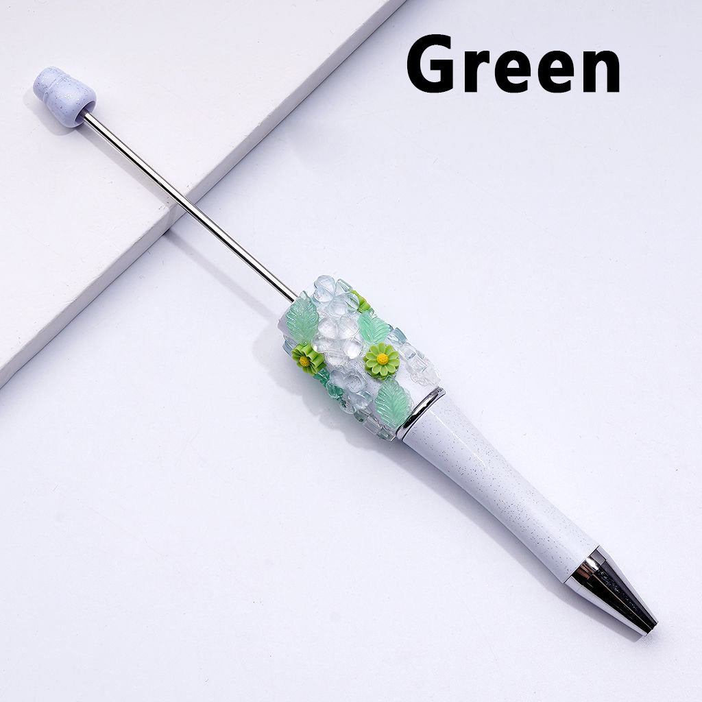 Exquisite White Glitter Beadable Pen with Cute Colorful Flowers Green Leaves Accessories